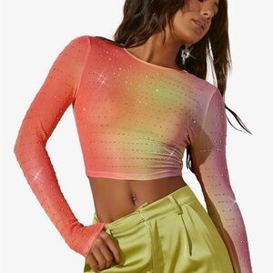 Verdusa Women's Rhinestone Sheer Mesh Tops Ombre